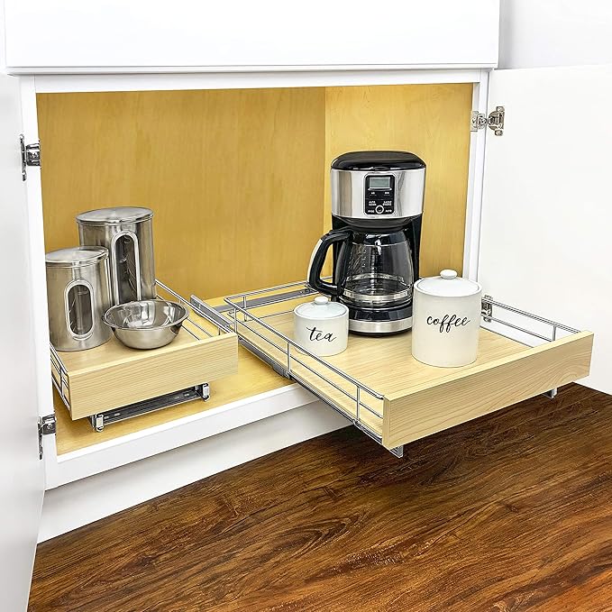 LYNK PROFESSIONAL® SELECT™ Slide Out Cabinet Organizer Pull Out Drawer, 17" x 21" Pull Out Cabinet Organizer – Pull Out Shelves for Kitchen Cabinets – Roll Out - Lifetime Ltd. Warranty, Wood Chrome