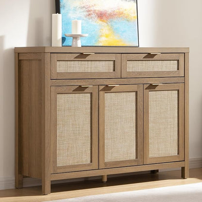 SICOTAS Rattan Sideboard Buffet Cabinet with Storage, Boho Credenza Accent Cabinet with 3 Doors and 2 Drawers, Farmhouse Console Coffee Bar for Kitchen, Living Room, and Entryway, Caramel Oak