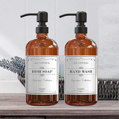 Sunrise Premium 4 Pack Amber Glass Soap Dispenser 16 OZ with Matte Black Stainless Steel Pump, Hand and Dish Soap Dispenser Set for Bathroom and Kitchen Sink with 12 Waterproof Labels