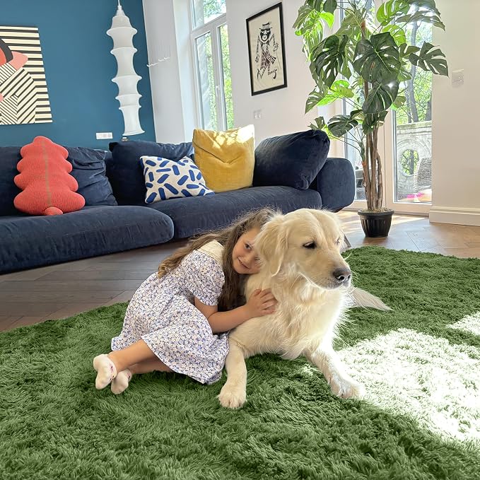 OLANLY 2x4 Machine Washable Runner Rugs for Hallway, Soft Fluffy Shaggy Bedside Rugs for Bedroom, Living Room, Indoor Floor Carpet for Kids Girls and Boys, Home Decor Aesthetic, Green