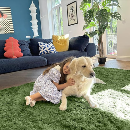 OLANLY 9x12 Machine Washable Large Area Rugs for Living Room, Bedroom, Soft Fluffy Shaggy Bedside Rug, Indoor Floor Carpet for Kids Girls and Boys, Dorms, Nursery, Home Decor Aesthetic, Green