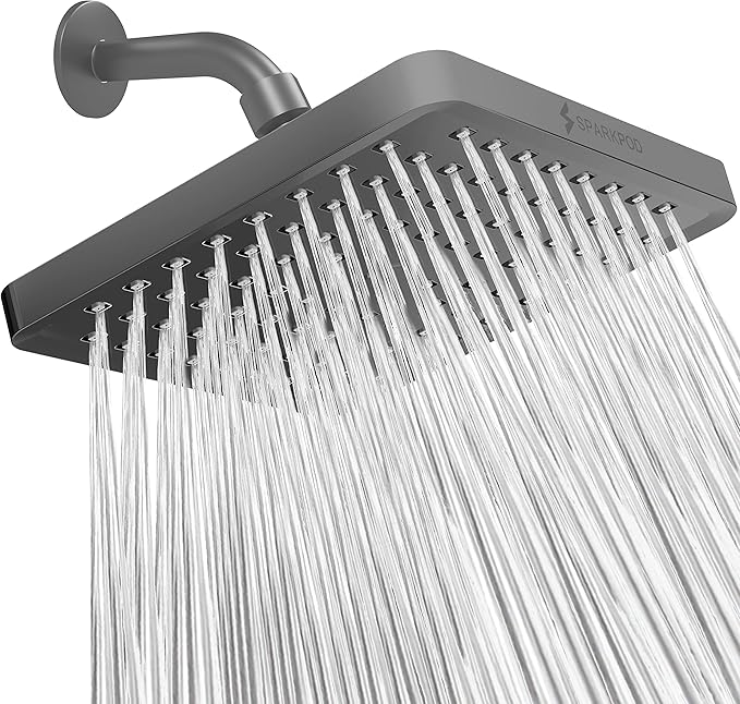 SparkPod Rain Shower Head, 8 Inch Square | High Pressure Shower Heads, 90 Nozzle (Touch-to-Clean), Adjustable Showerhead, No-tool Universal Connection