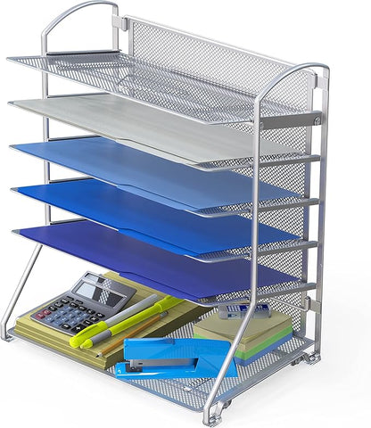 Simple Houseware 6-Tier Sliding File Organizer, Desk Letter Tray for Document and Mail Sorting, Silver