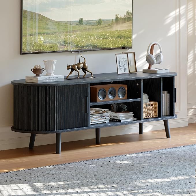 ChooChoo Mid Century Modern TV Stand for TVs up to 60 Inch, Entertainment Center with Fluted Sliding Doors and Hidden Storage, TV Console with Adjustable Shelf for Living Room, Bedroom, Black