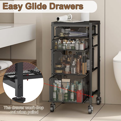 Slim Rolling Storage Cart with Drawers, Under Desk Storage with Wooden Tabletop & Lockable Wheels, 4-Tier Storage Drawers for Bathroom, Craft, Office, Black