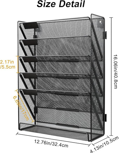 EasyPAG Wall File Holder Organizer 6 Tier Mesh Hanging Wall Mounted Document Paper Folder Filing Magazine Rack with Nametag Label for Office Home School, Black
