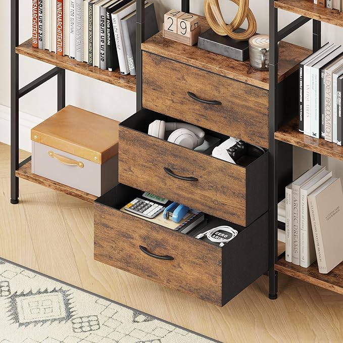 AFLUI Triple Bookshelf with 3 Fabric Drawers, 6-Tier Book Shelf and 10 Display Shelves, Industrial Large Bookcase for Home & Office, Rustic Brown, 47'' Wide