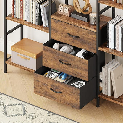 AFLUI Triple Bookshelf with 3 Fabric Drawers, 6-Tier Book Shelf and 10 Display Shelves, Industrial Large Bookcase for Home & Office, Rustic Brown, 47'' Wide