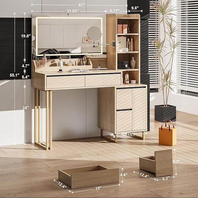 Vanity Desk, 41 Inch Makeup Vanity Table with Mirror Lights 10x Magnifying Mirror Charging Station Drawers Shelves Cabinet Adjustable 3 Color Brightness Dressing Table for Bedroom(Oak)