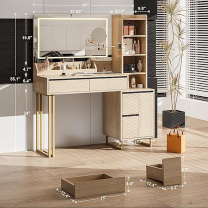 Vanity Desk, 41 Inch Makeup Vanity Table with Mirror Lights 10x Magnifying Mirror Charging Station Drawers Shelves Cabinet Adjustable 3 Color Brightness Dressing Table for Bedroom(Oak)