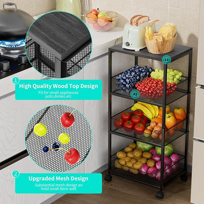 HapiRm Fruit Basket Kitchen Cart - 4-Tier Rolling Storage Cart with Wheels, Fruit Vegetable Basket with Wood Top, Pantry Utility Kitchen Organizer for Fruit Potato Onion Vegetable Bread Snack