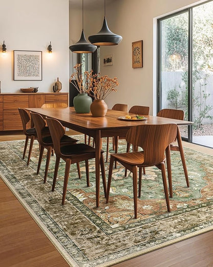 RELEANY Area Rugs 8'x10' Washable Non-Slip, Floral Vintage Distress Medallion Carpet for Living Room Bedroom Dining Room, Terracotta Burnt Orange Green