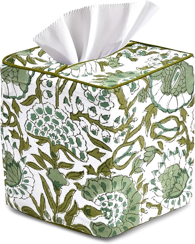 CPC Agate Green Hand Block Printed Cotton Tissue Box Cover 5" x 5" x 5.5" Square Soft Reusable Boho Napkin Holder for Home Kitchen Dining Bathroom Office Cafe Spa Summer Thanksgiving
