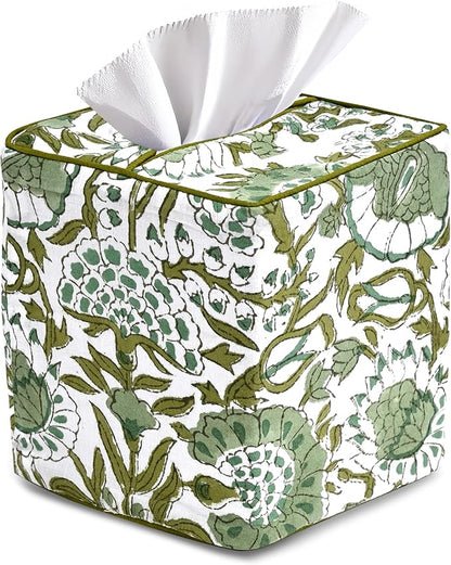 CPC Agate Green Hand Block Printed Cotton Tissue Box Cover 5" x 5" x 5.5" Square Soft Reusable Boho Napkin Holder for Home Kitchen Dining Bathroom Office Cafe Spa Summer Thanksgiving