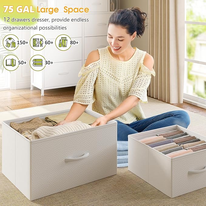 EnHomee White Dresser for Bedroom with LED Lights and 12 Drawers Dresser with 4 Open Storage Shelves, Fabric Dressers & Chests of Drawers, Metal Frame, 45.2" H x 35.4" W x 11.8" D