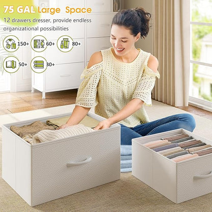 EnHomee White Dresser for Bedroom with LED Lights and 12 Drawers Dresser with 4 Open Storage Shelves, Fabric Dressers & Chests of Drawers, Metal Frame, 45.2" H x 35.4" W x 11.8" D