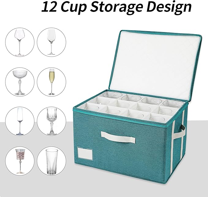 Stemware Storage Cases,Wine Glass Storage Box,with Dividers,Holds 12 Red or White Wine Glasses, Durable Glassware Storage Containers for Crystal or Stemware (Green white, Stemware storage cases)