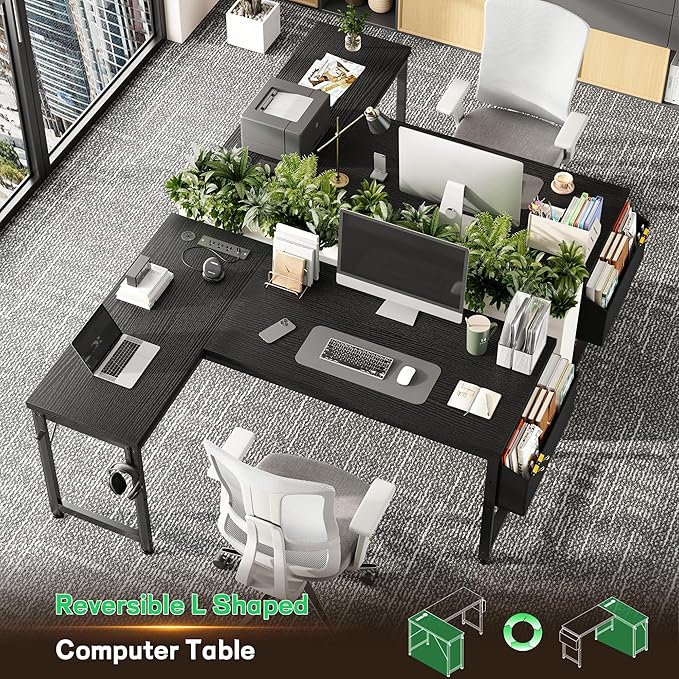 L Shaped Desk Gaming Desk with Power Outlets & 0.95 Inch Thicker Desktop, Computer Desk with Storage Bag, Corner Desk with LED Lights, Reversible Office Desk for Home, Living,Bedroom, Black