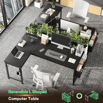 L Shaped Desk Gaming Desk with Power Outlets & 0.95 Inch Thicker Desktop, Computer Desk with Storage Bag, Corner Desk with LED Lights, Reversible Office Desk for Home, Living,Bedroom, Black