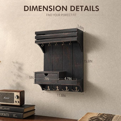Rebee Vision Pine Wood Key Holder Wall Mount with Small Drawer Organizer - Farmhouse Key Holder for Wall with 9 Hooks - Ideal Mail Organizer for Entryway, and Bedroom (Distressed Black)