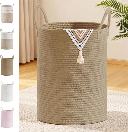 SunNewt Tall Laundry Basket with Handles, 100L Portable Dirty Clothes Hamper, Boho Cotton Rope Storage Bin for Blankets Kids Toys Gifts, Extra Large Organizer for Baby Nursery Bedroom Bathroom, Jute