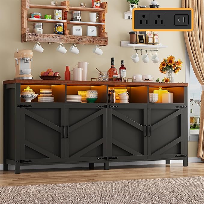63'' Buffet Sideboard with Storage with Power Outlets & LED Light 4 Doors, Large Farmhouse Kitchen Storage Cabinet Wood Coffee Bar Cabinet Buffet Table for Kitchen, Dining Room, Entryway