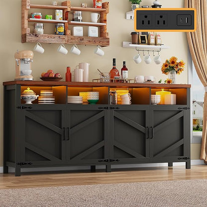 63'' Buffet Sideboard with Storage with Power Outlets & LED Light 4 Doors, Large Farmhouse Kitchen Storage Cabinet Wood Coffee Bar Cabinet Buffet Table for Kitchen, Dining Room, Entryway