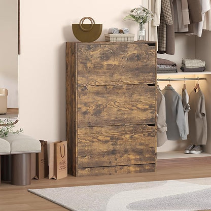 Shoe Cabinet with 3 Flip Drawers, 47" Slim Hidden Wood Shoe Storage Cabinet with Adjustable Shelf, Freestanding Narrow Shoe Rack Organizer for Entryway, Hallway, Brown