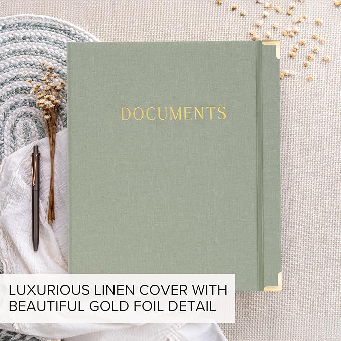 Important Document Organizer Set with Folders - Complete Linen Ring Binder Set Safely Stores All Documents & Files in One Place - Easy to Use Expanding Storage Incl. Envelopes, Pockets & Labels