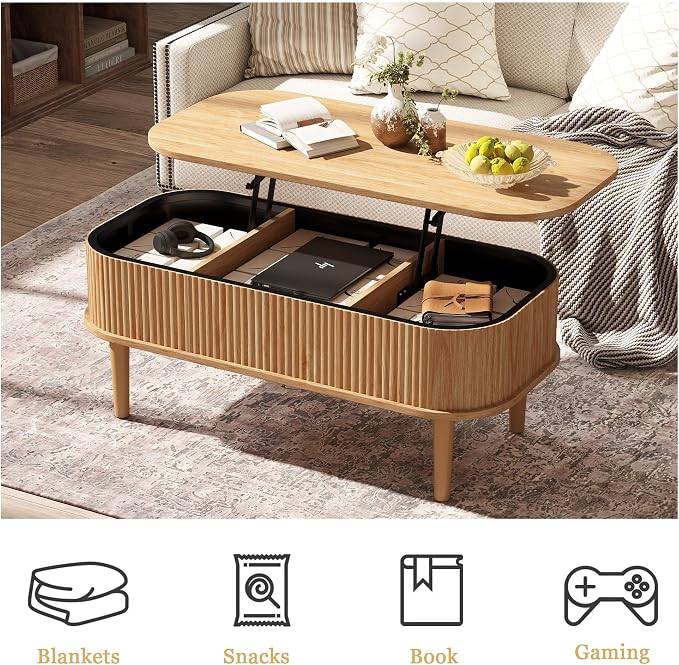 Fluted Lift Top Coffee Table with Hidden Storage, Oval Coffee Table with Lifting Top, Mid Century Modern Design for Living Room, Office & Small Spaces, Natural