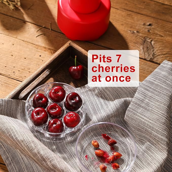 7-in-1 Cherry Pitter Tool Pit Remover, Portable Cherry Core Remover, Quick Release Multi Cherry Pitter Tool for Kitchen, Cake Shop, Fruit Salad (Bright-Red)
