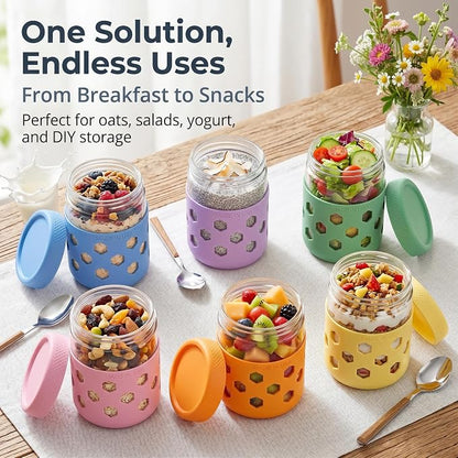 6-Pack 16 oz Overnight Oats Jars with Lids & Silicone Sleeves - Airtight Glass Mason Jars, Food Storage, Wide Mouth Meal Prep Containers for Chia Pudding, Yogurt, Berries & Snacks (Include Spoons)
