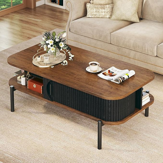 Coffee Table, 39.4" Mid Century Modern Coffee Tables for Living Room, Coffee Table with Storage Open Shelf, Fluted Table with Sliding Cabinet Door, 2-Tier Rustic Wood Desktop, Black & Walnut