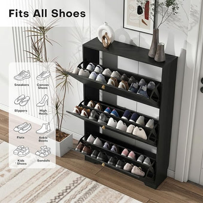 Nicetree Shoe Cabinet with 3 Flip Drawers, Narrow Shoe Organizer Cabinet, Freestanding Shoe Rack Cabinet, Modern Shoe Storage Cabinet for Entryway, Hallway, Foyer, Black with Hook