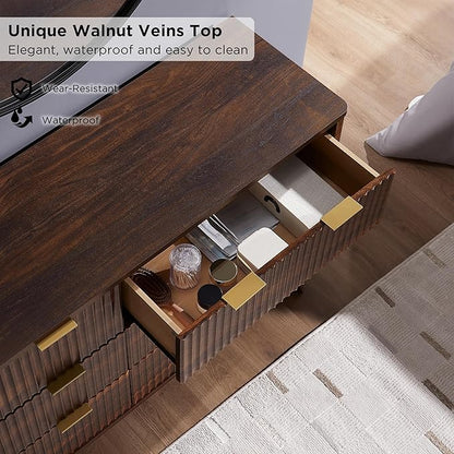 T4TREAM Fluted 6 Drawers Dresser, 54" Wide Modern Chest of Drawers, Curved Profile Design, Dresser TV Stand, Wood Drawer Organizer for Bedroom, Living Room, Hallway, Dark Walnut