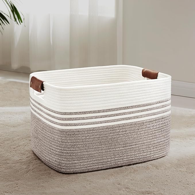 SunNewt 60L Large Laundry Basket with Leather Handles for Living Room Storage, Woven Rope Baskets Bin for Blanket, Kids Toy, Gifts, Wicker Hamper for Bedroom Dirty Clothes, 21"x15"x11" Dark Brown