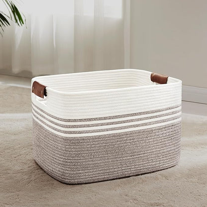 SunNewt 60L Large Laundry Basket with Leather Handles for Living Room Storage, Woven Rope Baskets Bin for Blanket, Kids Toy, Gifts, Wicker Hamper for Bedroom Dirty Clothes, 21"x15"x11" Dark Brown