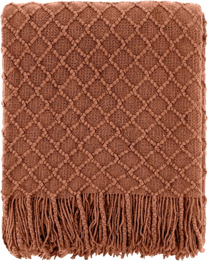 CREVENT Farmhouse Boho Knitted Throw Blanket for Couch Sofa Chair Bed Home Decoration, Soft Warm Cozy Light Weight for Spring Summer Fall (60''X80'' Caramel)