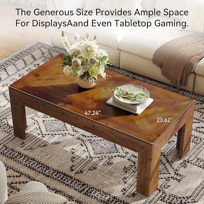 Rectangular Coffee Table, 47-Inch Solid Wood Living Room Coffee Table, Mid Century Modern Center Cocktail Table for Living Room, Apartment, Office, Antique Brown