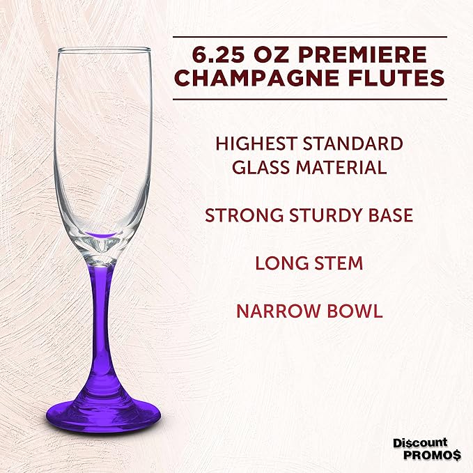 DISCOUNT PROMOS Premiere Champagne Flutes 6.25 oz. Set of 10, Bulk Pack - Elegant Drinkware for Weddings, Events, & Promotional Gifts - Purple