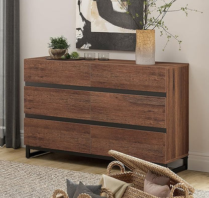 WAMPAT Dresser for Bedroom, Modern Wood Dresser with 6 Drawers, Chest of Drawers with Metal Base, Closet Organizers Storage for Living Room, Bedroom, Brown