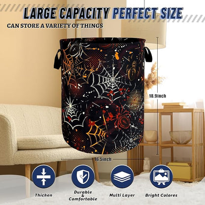 Colorful Spider Web Laundry Basket Foldable Oxford Cloth Halloween Laundry Hamper With Handle Clothes Storage Organizer Basket 18.9"x16.5" Storage Bag For Laundry Room/Bathroom/Bedroom/Dormitories