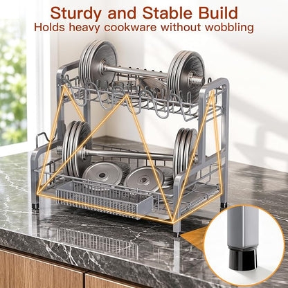 BOOSINY 2 Tier Dish Drainer Drying Rack for Kitchen Counter, Large Stainless Steel Dish Dryer with Drainboard, Big Rustproof Metal Space Saving Countertop Plate Strainer with Utensil Holder, Sliver