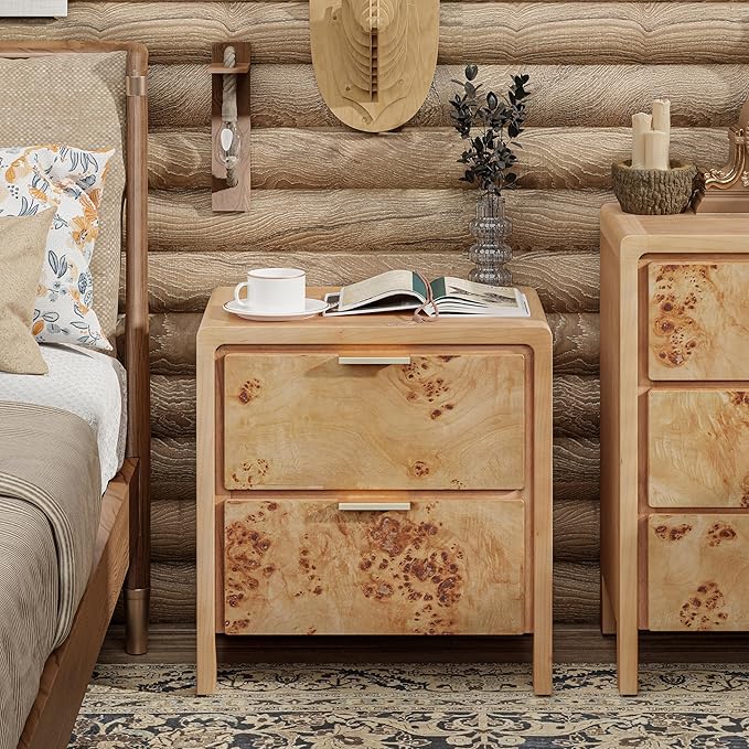 COZAYH Fully Assembled Farmhouse Nightstand with Drawer, Distressed Wood Retro Accent Bedside Table, Small Nightstand Organizer, Mid Century Modern End Table for Bedroom, Rustic, Burl