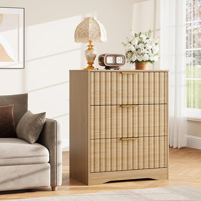 Fluted 3 Drawer Dresser for Bedroom, 30" Tall Modern Wood Dressers Chest of Drawers with Metal Handle, Large Nightstand End Table for Living Room, Closet, Entryway, Natural Oak
