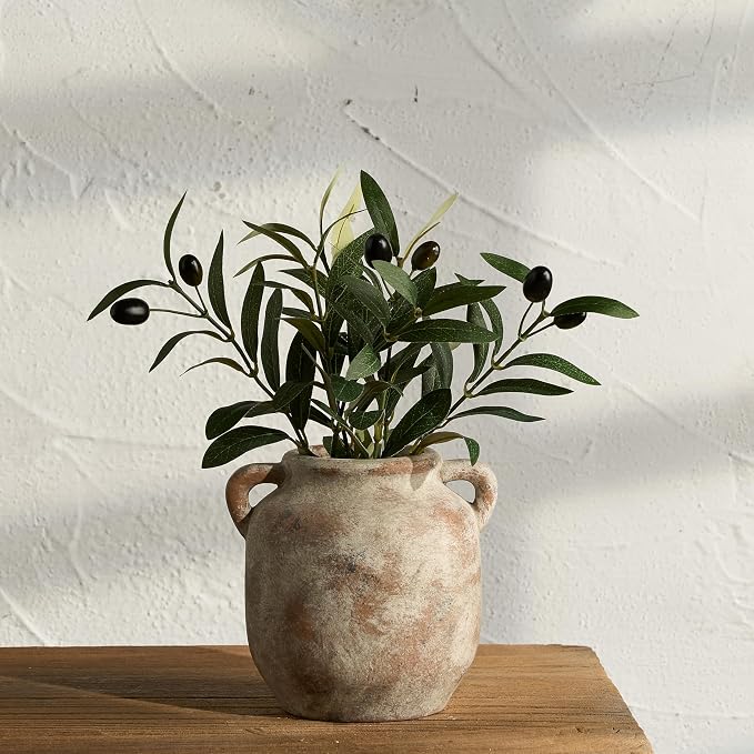 Ceramic Flower Vase Home Decor - Farmhouse Rustic Table Vases with Handle Living Room Decoration Decorative Vintage Pottery for Kitchen Shelf Coffee Dining Bookshelf Fireplace Centerpiece (6" Retro)