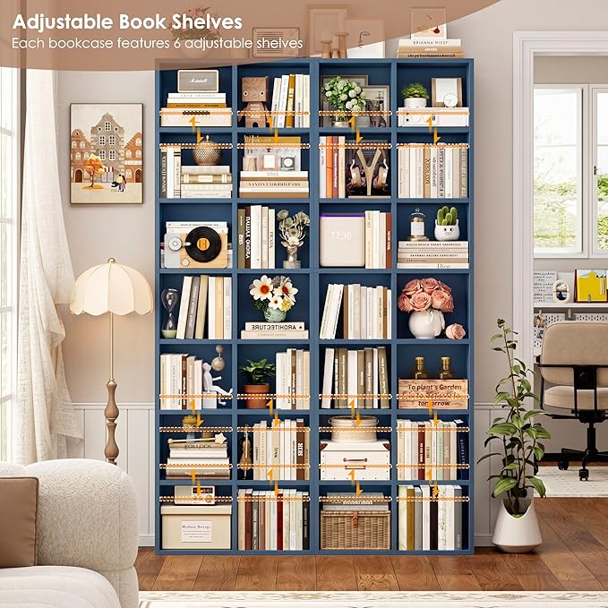 FOTOSOK 71'' Tall Bookshelf Set of 2, 7 Tier Large Bookshelf with Adjustable Shelves, Wide Bookcases and Bookshelf, DVD/CD Media Tower Storage, Cube Book Shelf Display Storage Cabinet, Blue
