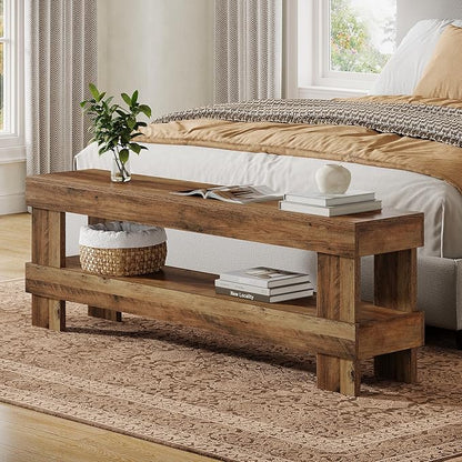 Tribesigns Farmhouse Entryway Bench, 59-Inch Long Shoe Bench Seat with Open Storage Shelf, 2-Tier Narrow End of Bed Benches for Bedroom, Entryway, Hallway, Indoor, Living Room (Rustic Brown)