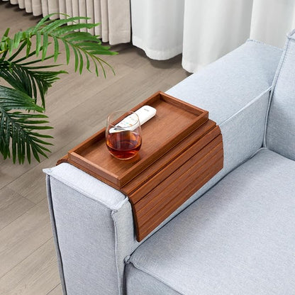 DETOR Couch Arm Tray with Spacious 12.4" x 5.4" Storage Box, Acacia Stained Bamboo Finish, Enhanced Non-Slip Felt Bottom, Sturdy Bamboo Slats, Fits Armrests 6" and Wider
