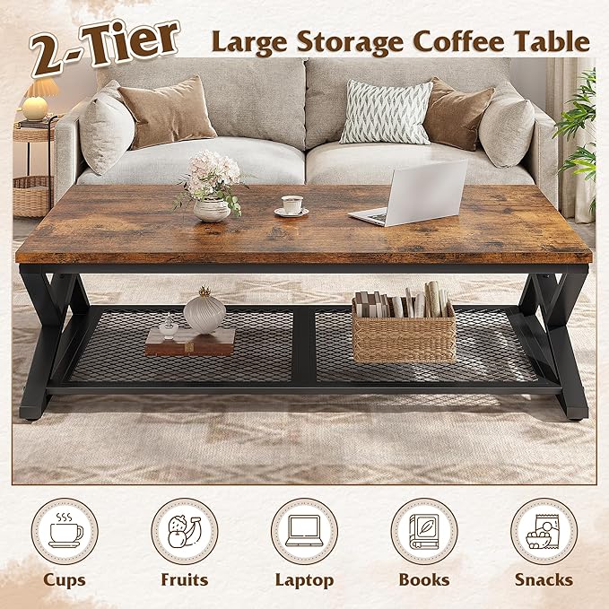 EnHomee Rustic Coffee Table with Storage, Farmhouse Coffee Table with Mesh Shelf, 2 Tier Rectangular Center Table for Living Room, Home Office, 47.2 Inch, Rustic Brown